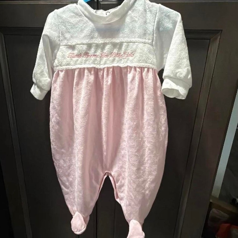 Vintage Little Me Pink & white baby onesie with lace trim embroidered